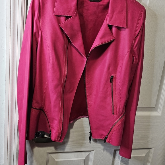 Elie Tahari Fuschia real leather biker jacket Size L - Picture 11 of 11